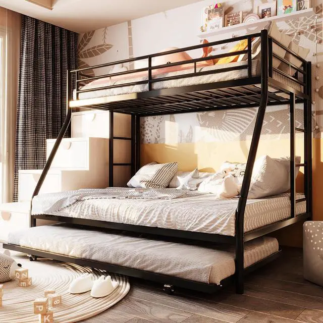 Main image of Twin Over Full Bunk Beds with Trundle, Heavy Duty Metal Triple Bunk Bed Frame, 3 Beds Space Saving Bunk Bed with Guardrails & Ladder, No Box Spring Needed, for Kids Teens Adults Bedroom, Black