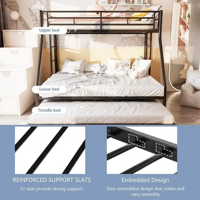 Alt view image 5 of 7 - Twin Over Full Bunk Beds with Trundle, Heavy Duty Metal Triple Bunk Bed Frame, 3 Beds Space Saving Bunk Bed with Guardrails & Ladder, No Box Spring Needed, for Kids Teens Adults Bedroom, Black