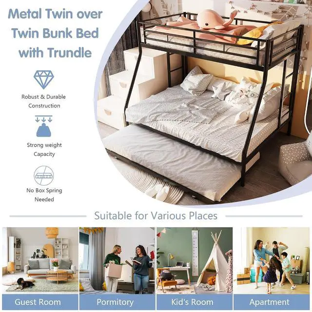 Alt view image 4 of 7 - Twin Over Full Bunk Beds with Trundle, Heavy Duty Metal Triple Bunk Bed Frame, 3 Beds Space Saving Bunk Bed with Guardrails & Ladder, No Box Spring Needed, for Kids Teens Adults Bedroom, Black