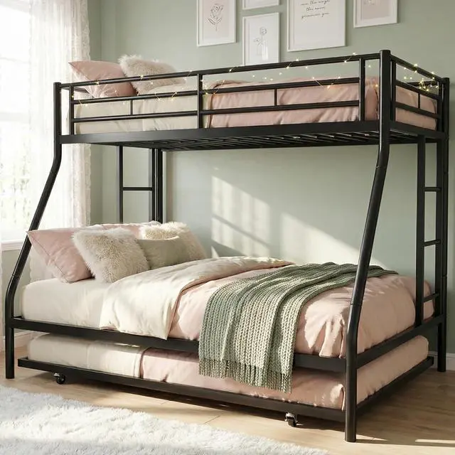 Alt view image 7 of 7 - Twin Over Full Bunk Beds with Trundle, Heavy Duty Metal Triple Bunk Bed Frame, 3 Beds Space Saving Bunk Bed with Guardrails & Ladder, No Box Spring Needed, for Kids Teens Adults Bedroom, Black