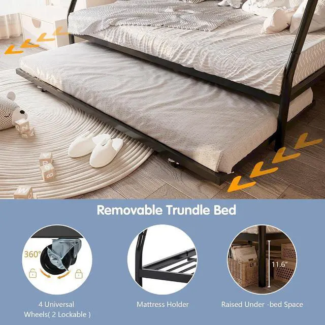 Alt view image 6 of 7 - Twin Over Full Bunk Beds with Trundle, Heavy Duty Metal Triple Bunk Bed Frame, 3 Beds Space Saving Bunk Bed with Guardrails & Ladder, No Box Spring Needed, for Kids Teens Adults Bedroom, Black