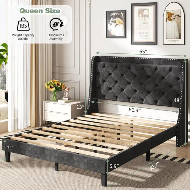 Alt view image 2 of 7 - Queen Bed Frame with Storage Headboard, Velvet Upholstered Platform Bed Frame with Wingback Tufted Headboard, Noise Free Wood Slat Support, No Box Spring Needed, Easy Assembly, Black