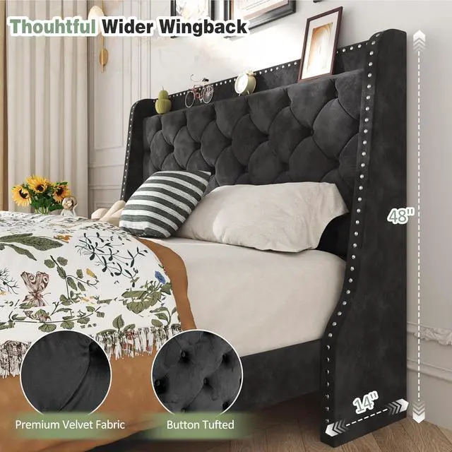 Alt view image 3 of 7 - Queen Bed Frame with Storage Headboard, Velvet Upholstered Platform Bed Frame with Wingback Tufted Headboard, Noise Free Wood Slat Support, No Box Spring Needed, Easy Assembly, Black