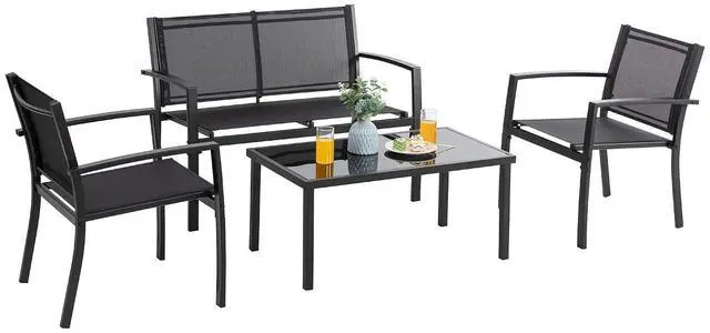 Main image of 4 Pieces Patio Furniture Sets,Outdoor Patio Conversation Sets with Glass Coffee Table, Small Porch Balcony Furniture, Patio Table and Chairs Set for Garden, Backyard (Black)