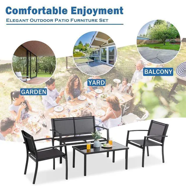 Alt view image 3 of 7 - 4 Pieces Patio Furniture Sets,Outdoor Patio Conversation Sets with Glass Coffee Table, Small Porch Balcony Furniture, Patio Table and Chairs Set for Garden, Backyard (Black)
