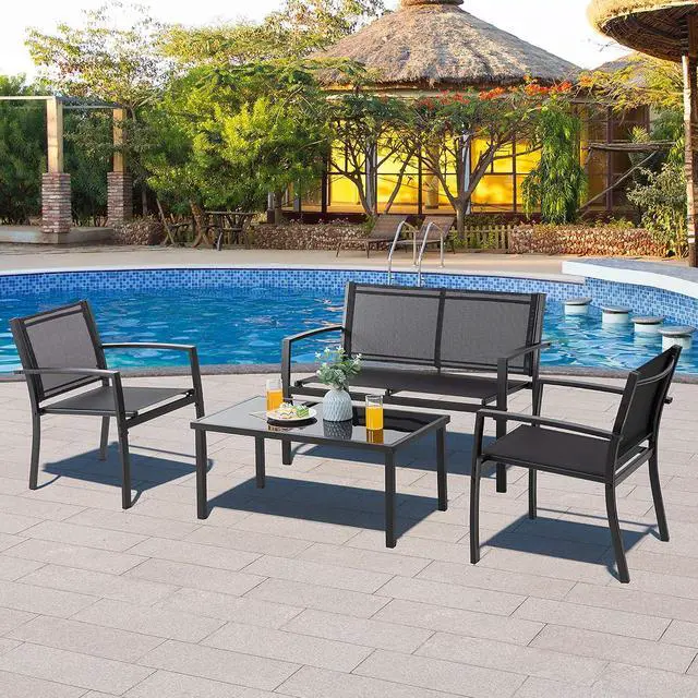 Alt view image 2 of 7 - 4 Pieces Patio Furniture Sets,Outdoor Patio Conversation Sets with Glass Coffee Table, Small Porch Balcony Furniture, Patio Table and Chairs Set for Garden, Backyard (Black)