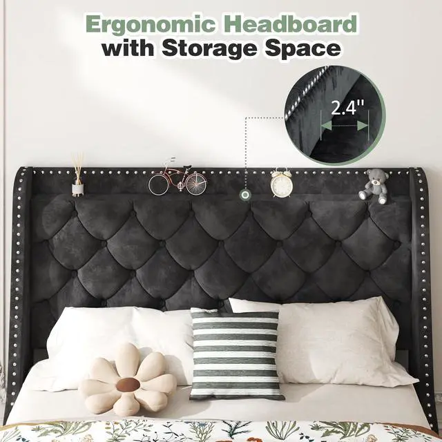 Alt view image 4 of 7 - Queen Bed Frame with Storage Headboard, Velvet Upholstered Platform Bed Frame with Wingback Tufted Headboard, Noise Free Wood Slat Support, No Box Spring Needed, Easy Assembly, Black