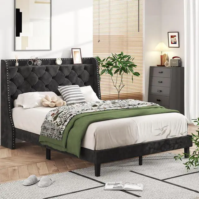Alt view image 7 of 7 - Queen Bed Frame with Storage Headboard, Velvet Upholstered Platform Bed Frame with Wingback Tufted Headboard, Noise Free Wood Slat Support, No Box Spring Needed, Easy Assembly, Black