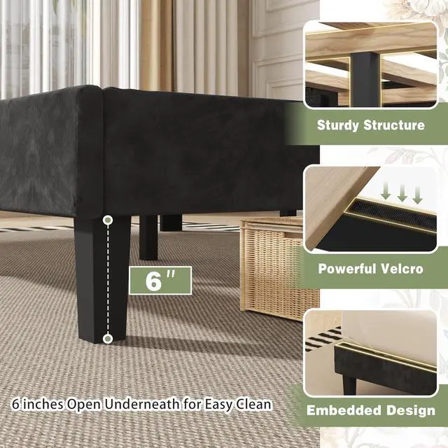 Alt view image 5 of 7 - Queen Bed Frame with Storage Headboard, Velvet Upholstered Platform Bed Frame with Wingback Tufted Headboard, Noise Free Wood Slat Support, No Box Spring Needed, Easy Assembly, Black