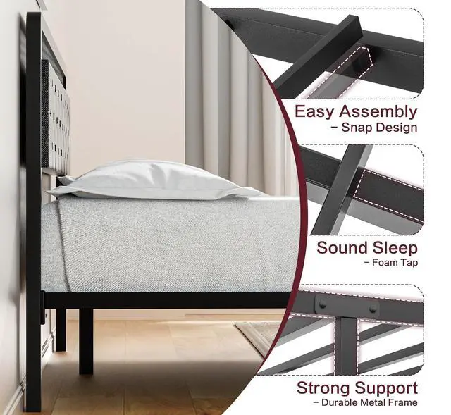 Alt view image 4 of 7 - Queen Size Bed Frame with 2 Drawers, Upholstered Platform Bed Frame Queen with Led Light, Metal Platform Bed, Easy Assembly, No Box Spring Needed, Grey