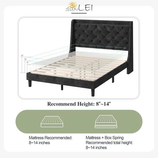 Alt view image 6 of 7 - Queen Bed Frame with Storage Headboard, Velvet Upholstered Platform Bed Frame with Wingback Tufted Headboard, Noise Free Wood Slat Support, No Box Spring Needed, Easy Assembly, Black