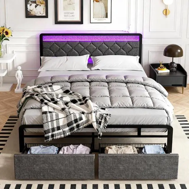 Main image of Queen Size Bed Frame with 2 Drawers, Upholstered Platform Bed Frame Queen with Led Light, Metal Platform Bed, Easy Assembly, No Box Spring Needed, Grey