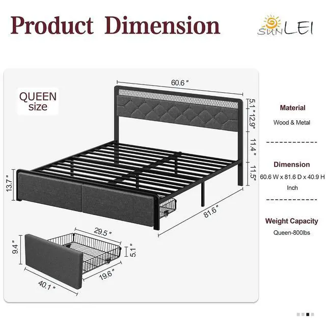 Alt view image 2 of 7 - Queen Size Bed Frame with 2 Drawers, Upholstered Platform Bed Frame Queen with Led Light, Metal Platform Bed, Easy Assembly, No Box Spring Needed, Grey