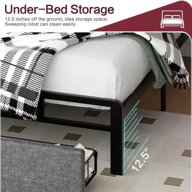 Alt view image 3 of 7 - Queen Size Bed Frame with 2 Drawers, Upholstered Platform Bed Frame Queen with Led Light, Metal Platform Bed, Easy Assembly, No Box Spring Needed, Grey