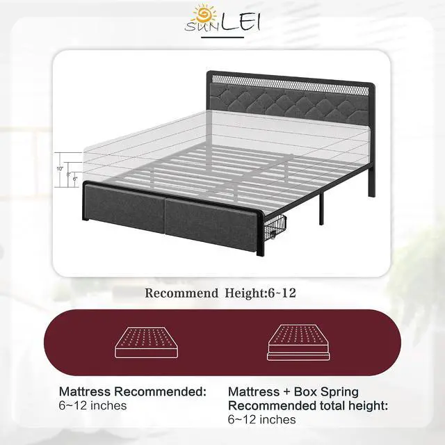 Alt view image 5 of 7 - Queen Size Bed Frame with 2 Drawers, Upholstered Platform Bed Frame Queen with Led Light, Metal Platform Bed, Easy Assembly, No Box Spring Needed, Grey