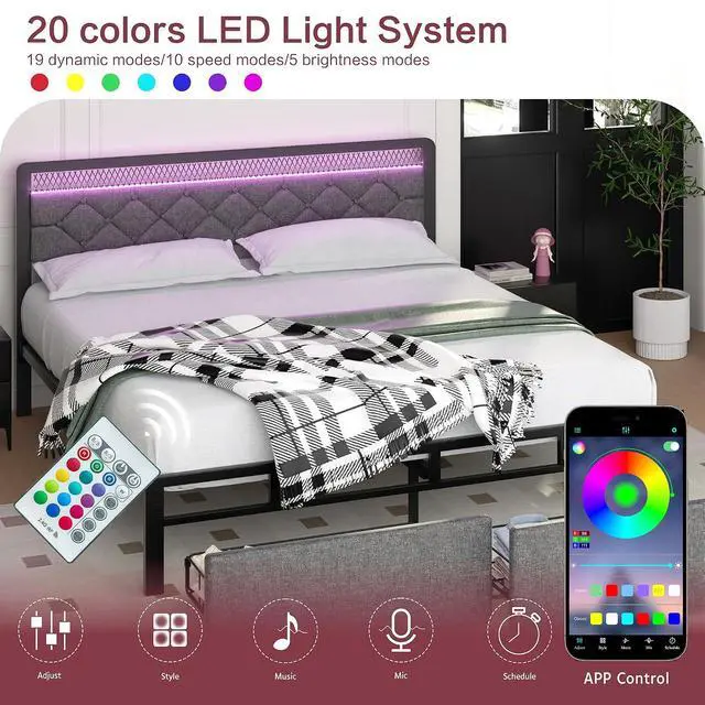 Alt view image 6 of 7 - Queen Size Bed Frame with 2 Drawers, Upholstered Platform Bed Frame Queen with Led Light, Metal Platform Bed, Easy Assembly, No Box Spring Needed, Grey