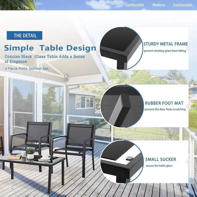Alt view image 4 of 7 - 4 Pieces Patio Furniture Sets,Outdoor Patio Conversation Sets with Glass Coffee Table, Small Porch Balcony Furniture, Patio Table and Chairs Set for Garden, Backyard (Black)