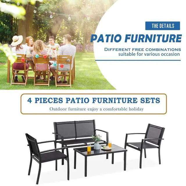 Alt view image 6 of 7 - 4 Pieces Patio Furniture Sets,Outdoor Patio Conversation Sets with Glass Coffee Table, Small Porch Balcony Furniture, Patio Table and Chairs Set for Garden, Backyard (Black)