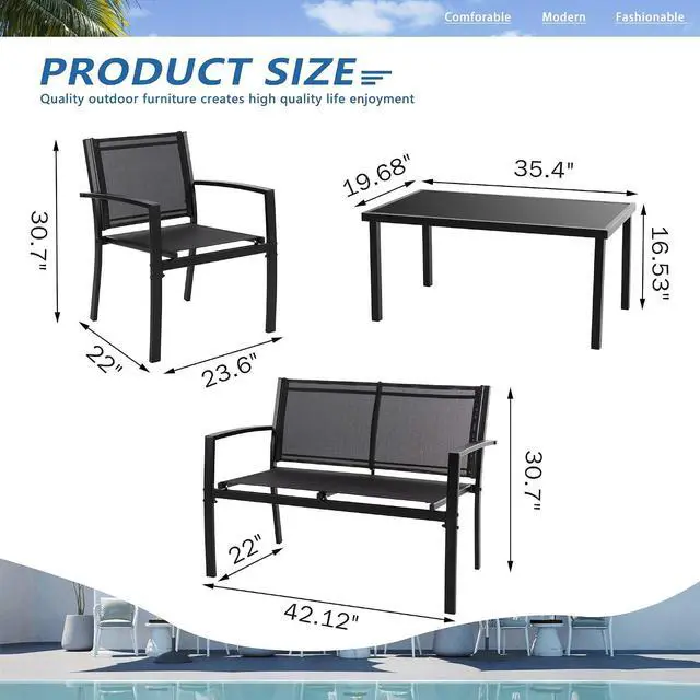 Alt view image 7 of 7 - 4 Pieces Patio Furniture Sets,Outdoor Patio Conversation Sets with Glass Coffee Table, Small Porch Balcony Furniture, Patio Table and Chairs Set for Garden, Backyard (Black)