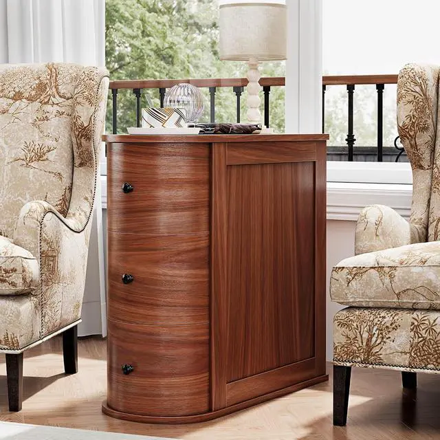 Alt view image 3 of 7 - Narrow Nightstand with 3 Drawers, Wood Small Side Table for Bed or Sofa, Vintage Slim Night Stand for Living Room/Bedroom, Walnut