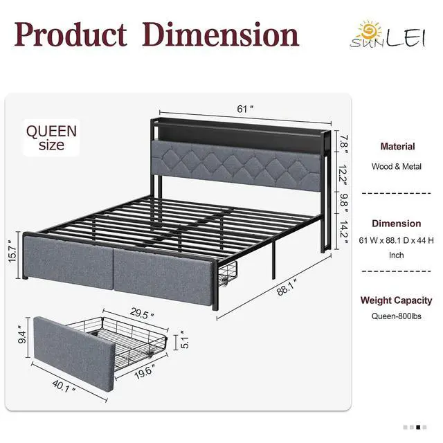 Alt view image 2 of 7 - Queen Bed Frame with Led Light and 2 Drawers, Metal Platform Bed with Charging Station and Linen Fabric Storage Headboard, Strong Metal Slats, Easy Assembly, No Box Spring Needed, Modern, Black