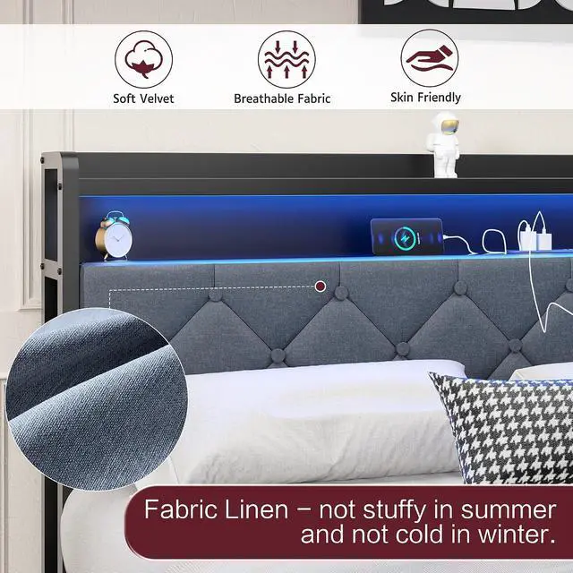 Alt view image 3 of 7 - Queen Bed Frame with Led Light and 2 Drawers, Metal Platform Bed with Charging Station and Linen Fabric Storage Headboard, Strong Metal Slats, Easy Assembly, No Box Spring Needed, Modern, Black