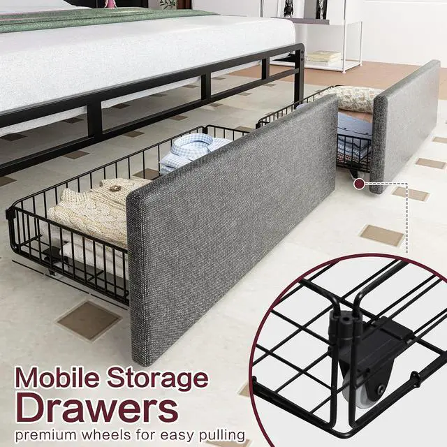 Alt view image 7 of 7 - Queen Size Bed Frame with 2 Drawers, Upholstered Platform Bed Frame Queen with Led Light, Metal Platform Bed, Easy Assembly, No Box Spring Needed, Grey