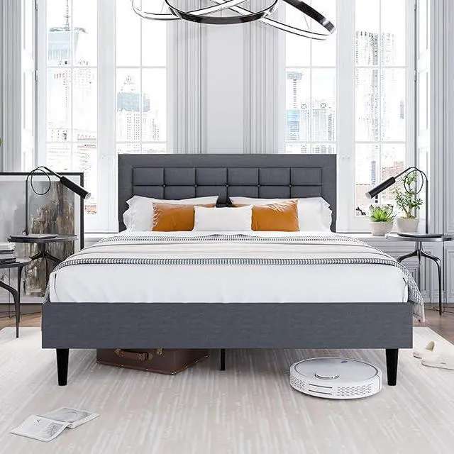 Main image of Bed Frame with Square Stitched Button Tufted Headboard, Queen Upholstered Platform Bed with 12" Storage Space & Linen Fabric, Solid Wood Slats Support, No Box Spring Needed, Grey