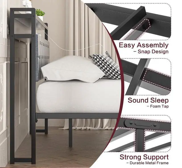 Alt view image 6 of 7 - Queen Bed Frame with Led Light and 2 Drawers, Metal Platform Bed with Charging Station and Linen Fabric Storage Headboard, Strong Metal Slats, Easy Assembly, No Box Spring Needed, Modern, Black