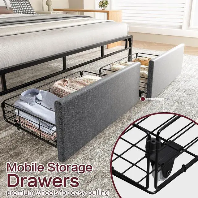 Alt view image 4 of 7 - Queen Bed Frame with Led Light and 2 Drawers, Metal Platform Bed with Charging Station and Linen Fabric Storage Headboard, Strong Metal Slats, Easy Assembly, No Box Spring Needed, Modern, Black