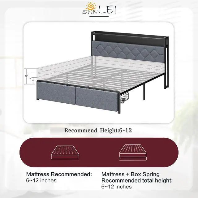 Alt view image 5 of 7 - Queen Bed Frame with Led Light and 2 Drawers, Metal Platform Bed with Charging Station and Linen Fabric Storage Headboard, Strong Metal Slats, Easy Assembly, No Box Spring Needed, Modern, Black