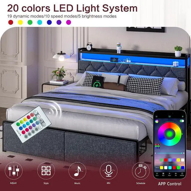 Alt view image 7 of 7 - Queen Bed Frame with Led Light and 2 Drawers, Metal Platform Bed with Charging Station and Linen Fabric Storage Headboard, Strong Metal Slats, Easy Assembly, No Box Spring Needed, Modern, Black