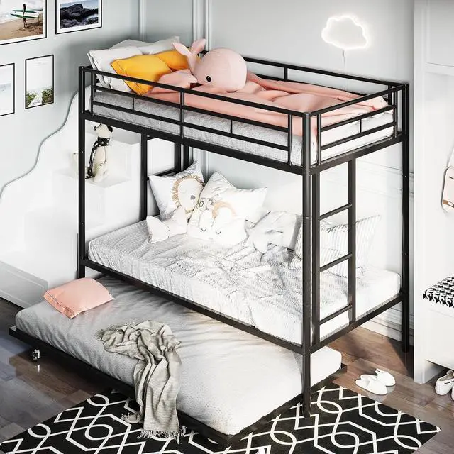 Main image of Metal Bunk Bed Twin Over Twin, Trundle Bed Twin with Daybed, Loft Bed with 2 Secured Ladders, Space-Saving Bed Frame with Safety Guard, Noise Free for Small Bedroom, Black