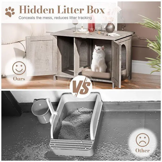 Alt view image 5 of 7 - JY QAQA Cat Litter Box Enclosure,Litter Box Furniture Hidden with Barn Door,Wooden Washroom Furniture,Cat House,Fit Most of Litter Box