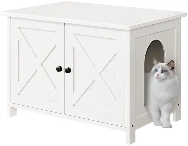 Main image of JY QAQA Cat Litter Box Enclosure,Litter Box Furniture Hidden with Barn Door,Wooden Cat Washroom Furniture,Cat House,Fit Most of Litter Box,White