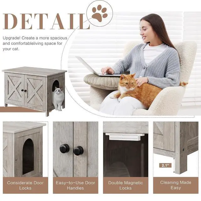 Alt view image 6 of 7 - JY QAQA Cat Litter Box Enclosure,Litter Box Furniture Hidden with Barn Door,Wooden Washroom Furniture,Cat House,Fit Most of Litter Box