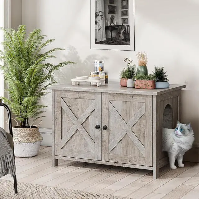 Alt view image 7 of 7 - JY QAQA Cat Litter Box Enclosure,Litter Box Furniture Hidden with Barn Door,Wooden Washroom Furniture,Cat House,Fit Most of Litter Box