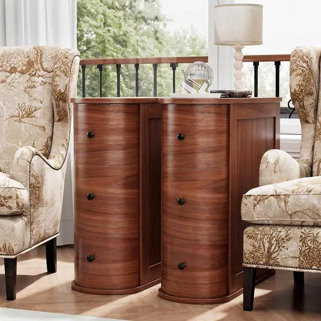 Main image of Narrow Nightstand with 3 Drawers, Wood Small Side Table for Bed or Sofa, Vintage Slim Night Stand for Living Room/Bedroom, Walnut, 2 Pieces