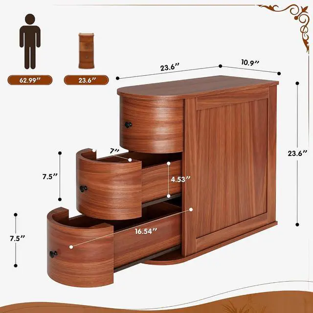 Alt view image 2 of 7 - Narrow Nightstand with 3 Drawers, Wood Small Side Table for Bed or Sofa, Vintage Slim Night Stand for Living Room/Bedroom, Walnut, 2 Pieces