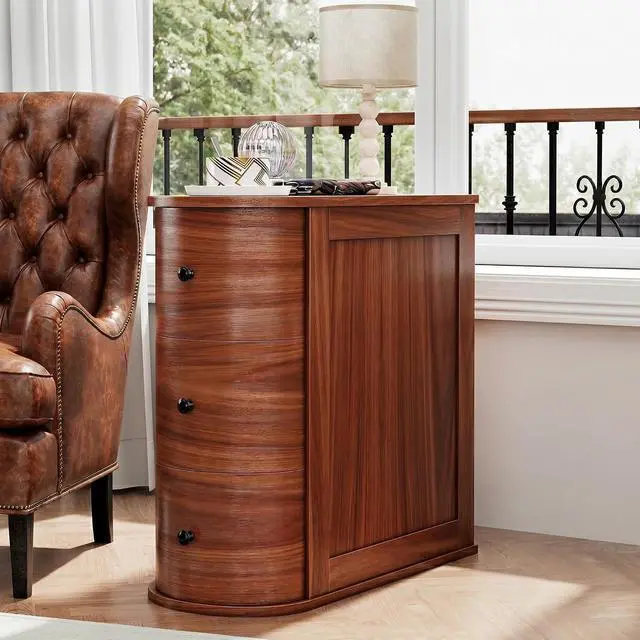 Alt view image 3 of 7 - Narrow Nightstand with 3 Drawers, Wood Small Side Table for Bed or Sofa, Vintage Slim Night Stand for Living Room/Bedroom, Walnut, 2 Pieces