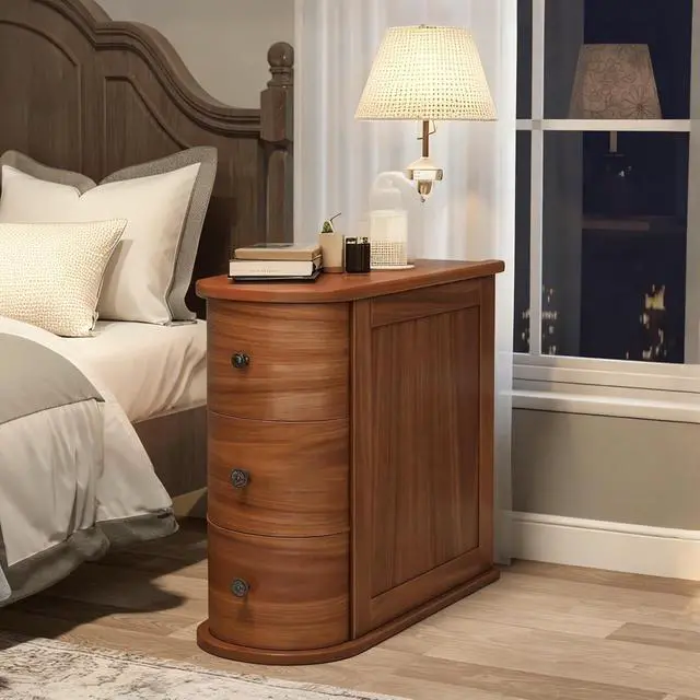 Alt view image 4 of 7 - Narrow Nightstand with 3 Drawers, Wood Small Side Table for Bed or Sofa, Vintage Slim Night Stand for Living Room/Bedroom, Walnut, 2 Pieces