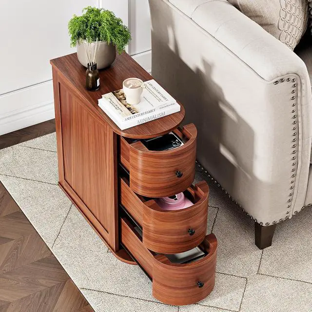 Alt view image 5 of 7 - Narrow Nightstand with 3 Drawers, Wood Small Side Table for Bed or Sofa, Vintage Slim Night Stand for Living Room/Bedroom, Walnut, 2 Pieces