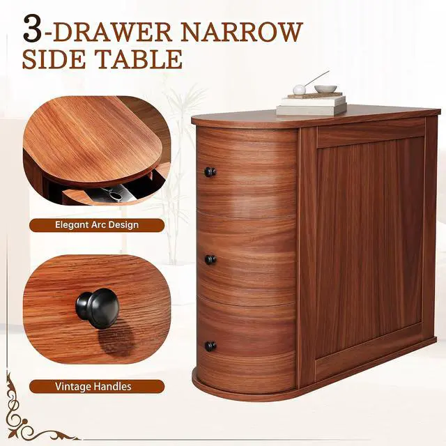 Alt view image 6 of 7 - Narrow Nightstand with 3 Drawers, Wood Small Side Table for Bed or Sofa, Vintage Slim Night Stand for Living Room/Bedroom, Walnut, 2 Pieces