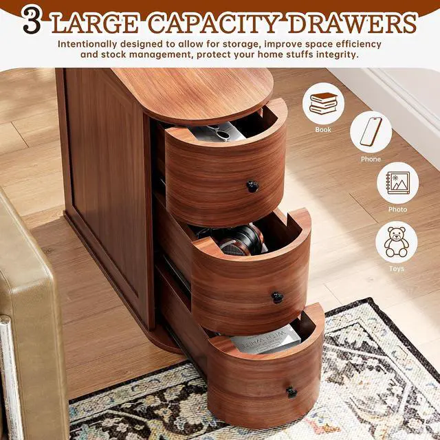 Alt view image 7 of 7 - Narrow Nightstand with 3 Drawers, Wood Small Side Table for Bed or Sofa, Vintage Slim Night Stand for Living Room/Bedroom, Walnut, 2 Pieces