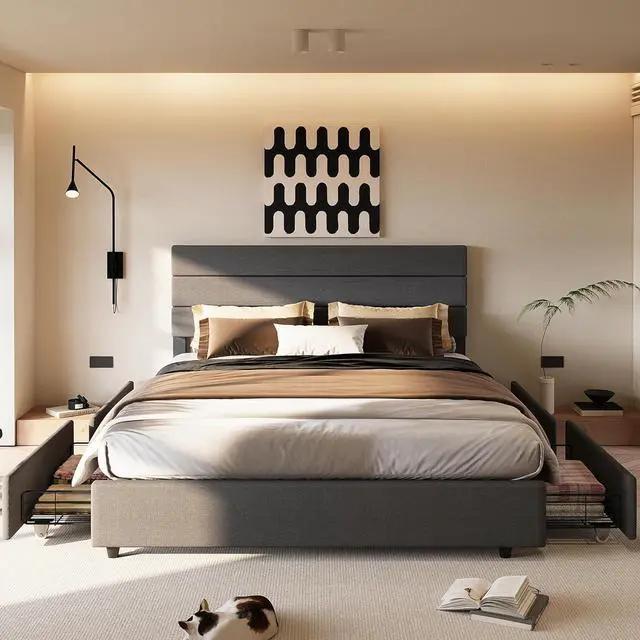 Main image of Full Size Bed Frame with 4 Storage Drawee, Platform Bed with Upholstered Boho Style Headboard, Solid Wood Slats Support, No Box Spring Needed, Easy Assembly