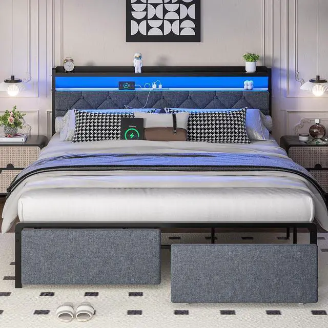 Main image of Queen Bed Frame with Led Light and 2 Drawers, Metal Platform Bed with Charging Station and Linen Fabric Storage Headboard, Strong Metal Slats, Easy Assembly, No Box Spring Needed, Modern, Black