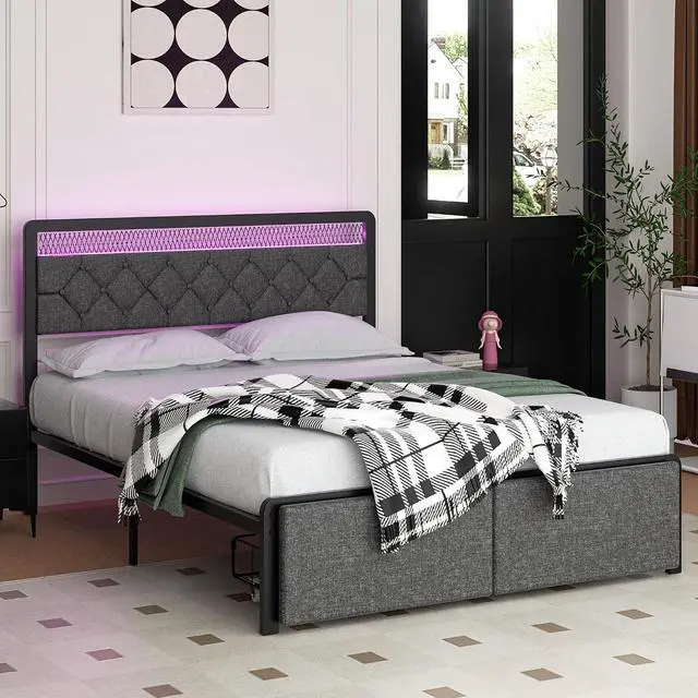 Main image of Full Bed Frame with Led Light and 2 Drawers, Metal Platform Bed with Button Tufted Headboard, Strong Metal Slats, Easy Assembly, No Box Spring Needed, Modern