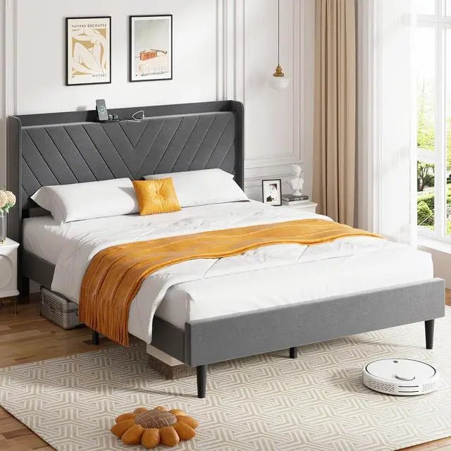 Main image of Queen Bed Frame with Led Light, Metal Platform Bed with Charging Port and Linen Fabric Storage Headboard, Strong Metal Slats, Easy Assembly, No Box Spring Needed, Modern, Black