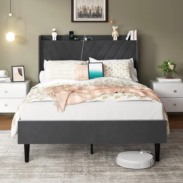 Main image of Full Bed Frame with Led Light, Metal Platform Bed with Charging Station and Linen Fabric Storage Headboard, Strong Metal Slats, No Box Spring Needed, Modern, Black & Black