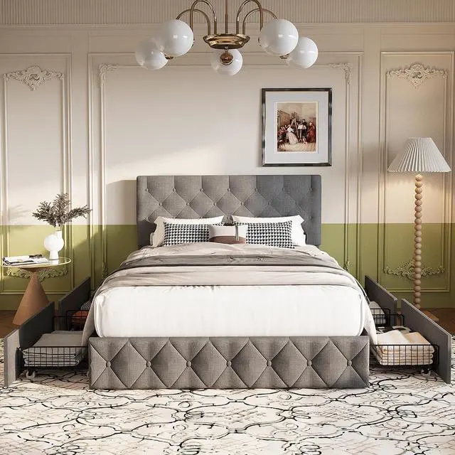 Main image of Full Size Bed Frame with 4 Storage Drawee, Platform Bed with Upholstered Button Tufted Headboard, Solid Wood Slats Support, No Box Spring Needed, Easy Assembly